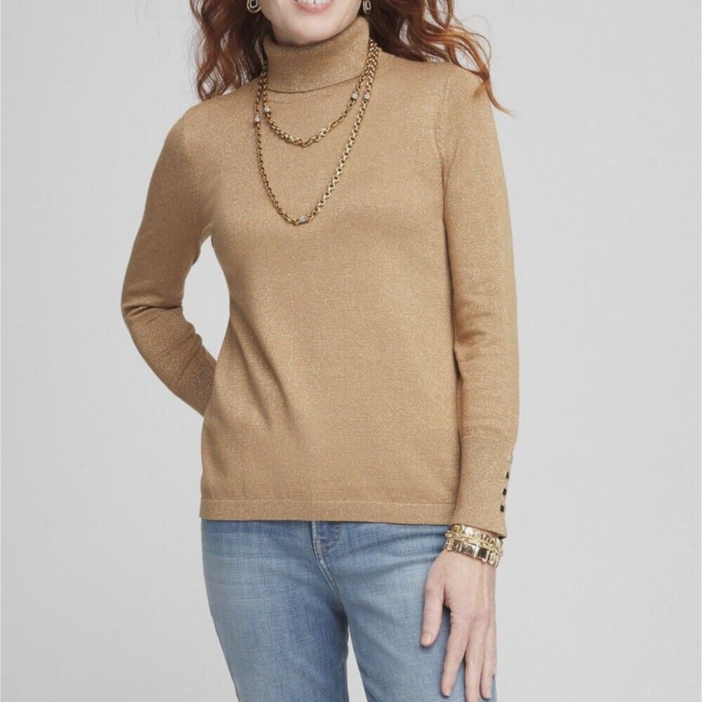 Chicos Sweater Womens Large Tan Turtleneck Ribbed Knit Embellished Sleeve - Picture 8 of 8